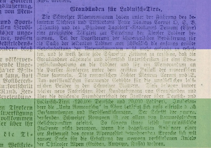 Collage: Farben der Studentenverbindung Ladinia vor dem Artikel der IN vom 22.3.1919
