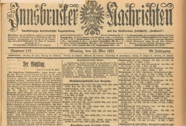 Titelseite Innsbrucker Nachrichten vom 23. Mai 1921