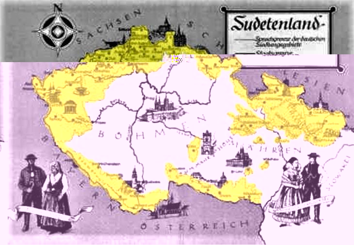 Karte, die das Gebiet des Sudetenlandes zeigt