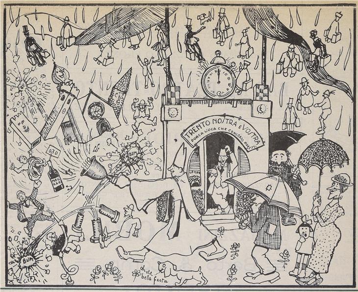 Karikatur zu den „Feste Vigiliane“ aus der Zeitschrift „El Vigili: giornale ufficiale“, Juni 1924 