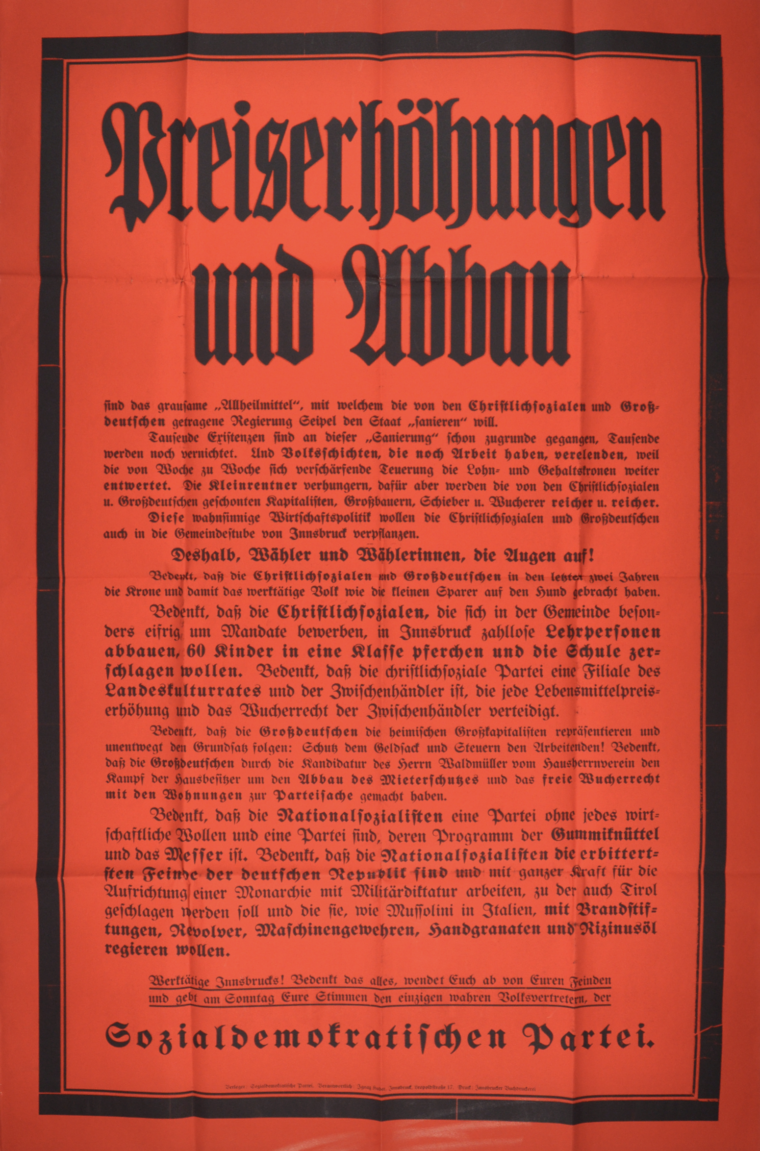 Die Sozialdemokratische Partei warnt mit ihrem Wahlplakat vor den Christlichsozialen, den Großdeutschen und den Nationalsozialisten