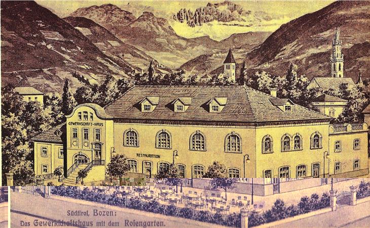 Das prachtvolle Bozner Gewerkschaftshaus stand an der Ecke der Gilm- und Pichlerstraße, wo sich heute das Konzerthaus des Haydn-Orchesters befindet. 1923 wurde es von den Faschisten besetzt 
