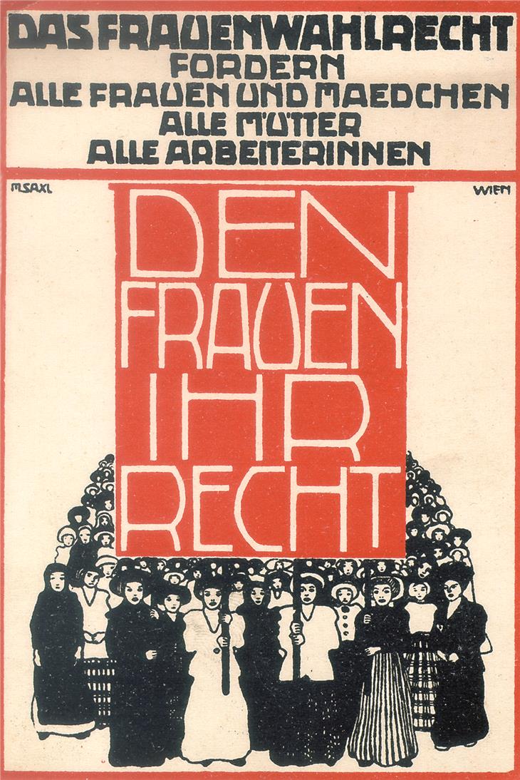 Die österreichischen Frauen hatten sich bereits 1918 erfolgreich das Wahlrecht erstritten; Plakat von Marianne Saxl-Deutsch für den Wiener Frauentag 1912