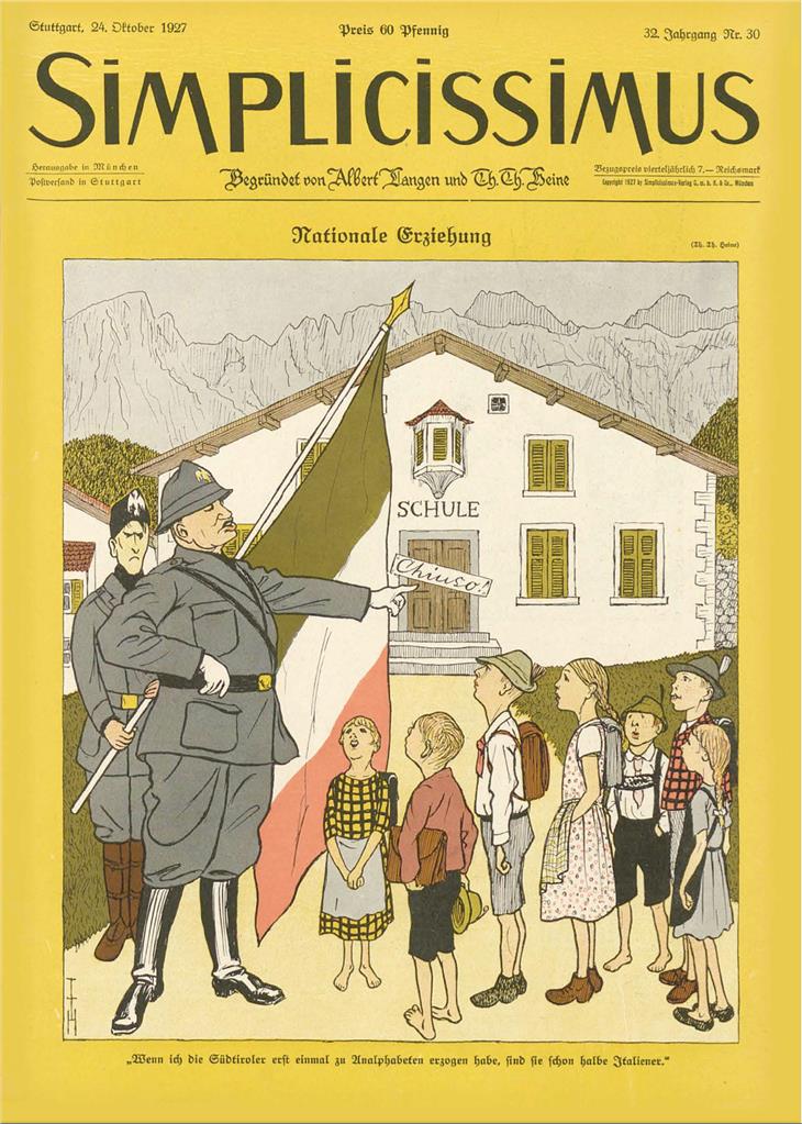 : Karikatur aus der Satirezeitschrift Simplicissimus zur faschistischen Schulpolitik in Südtirol, 24. Oktober 1927