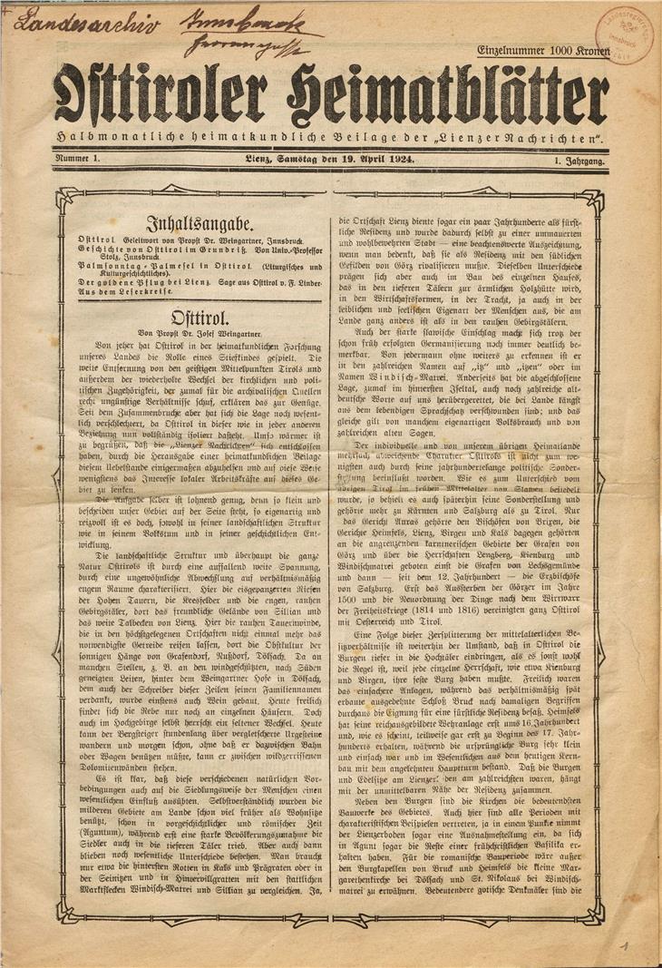Erstausgabe der Osttiroler Heimatblätter am 19. April 1924
