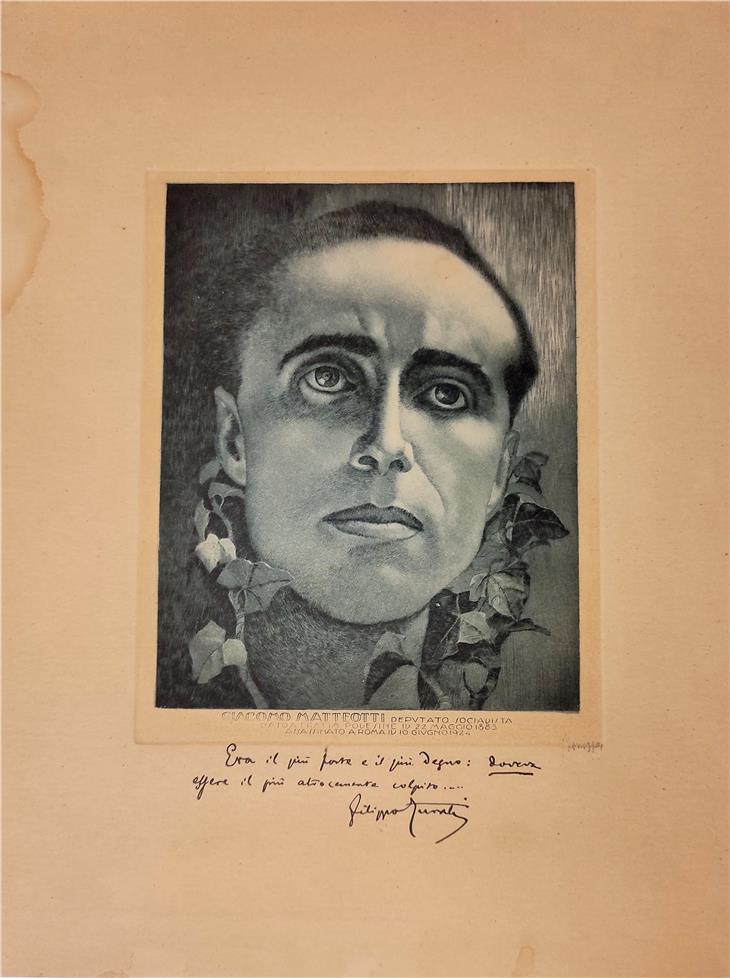 Porträt von Giacomo Matteotti, mit einer Widmung des italienischen Sozialistenführers Filippo Turati, Luigi Bonazza 1924