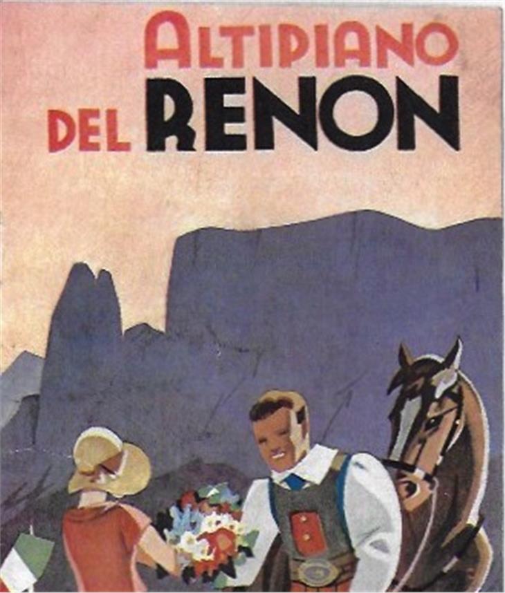 Dépliant dell’azienda autonoma di soggiorno e turismo del Renon di epoca fascista in lingua tedesca. Illustrazione di Roberto Sgrilli. © Archivio provinciale di Bolzano. 