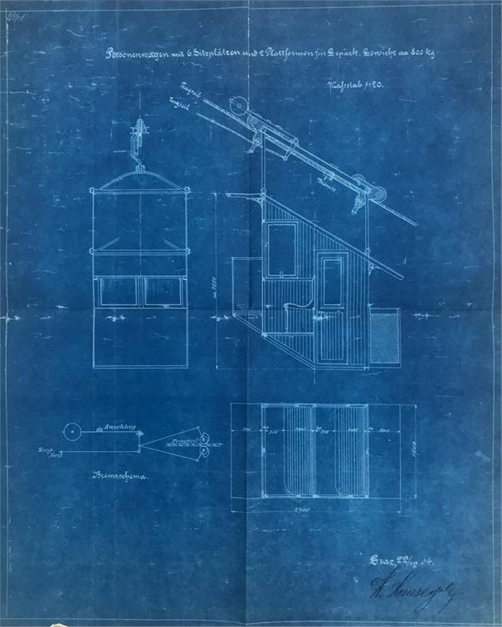 Disegno di cabina a 6 posti tratto del progetto (rimasto irrealizzato) della ditta Haase und Sohn di Graz del 1904. © Archivio cittadino di Bolzano. 