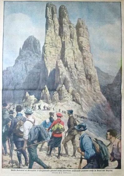Dalle Dolomiti al Brennero. I cinquecento gitanti passano sotto le torri del Vajolet. (Disegno di Achille Beltrame)